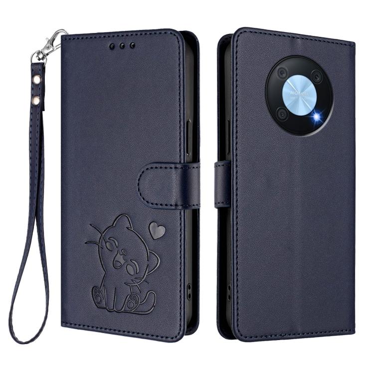 For Huawei Enjoy 50 Pro / nova Y90 Embossed Heart Cat Leather Phone Case with Hand Strap