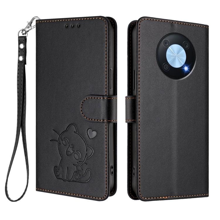 For Huawei Enjoy 50 Pro / nova Y90 Embossed Heart Cat Leather Phone Case with Hand Strap