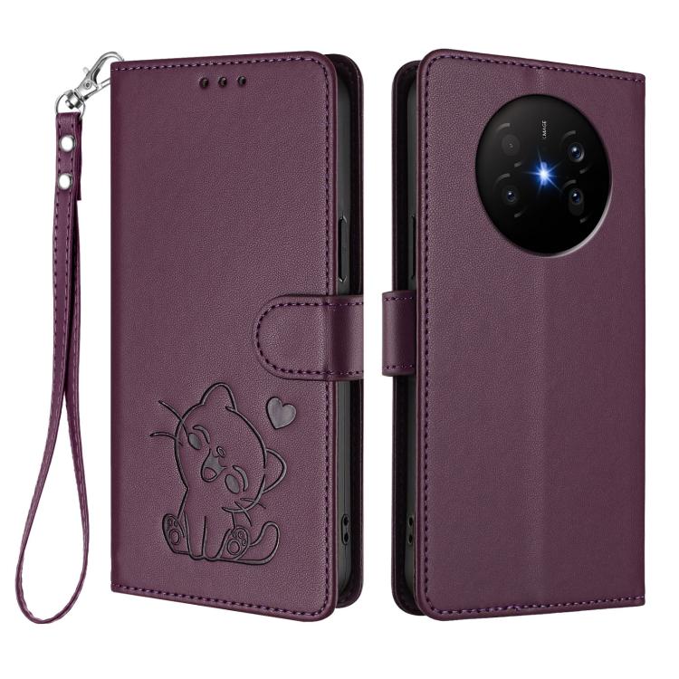 For Huawei Mate 70 Air 5G Embossed Heart Cat Leather Phone Case with Hand Strap
