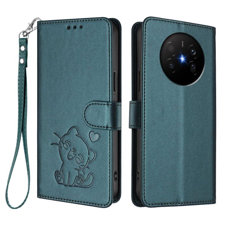 For Huawei Mate 70 Air 5G Embossed Heart Cat Leather Phone Case with Hand Strap