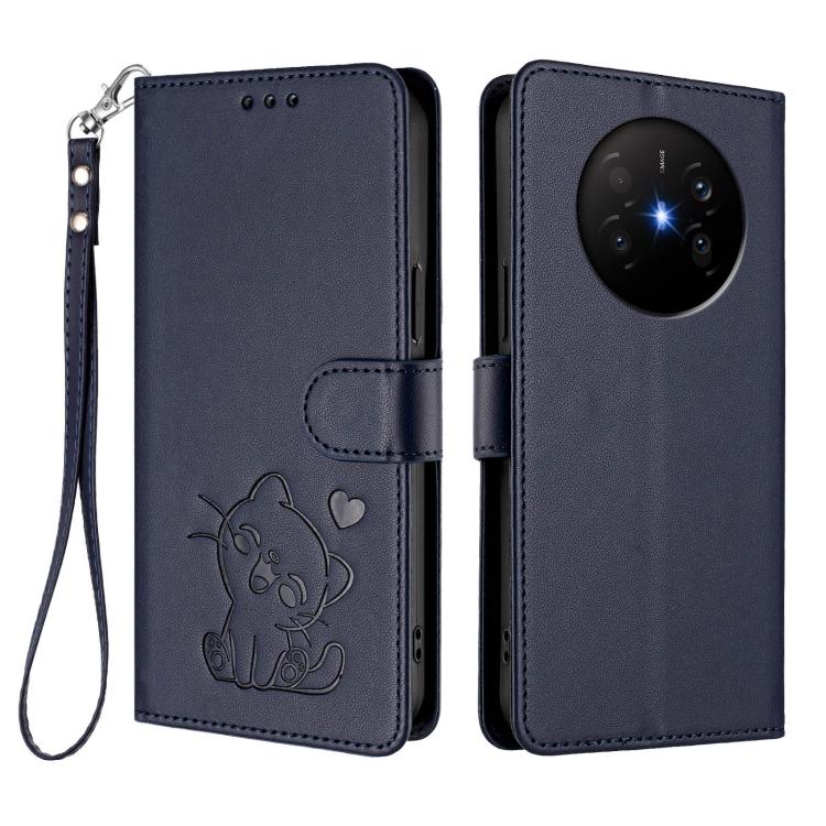For Huawei Mate 70 Air 5G Embossed Heart Cat Leather Phone Case with Hand Strap