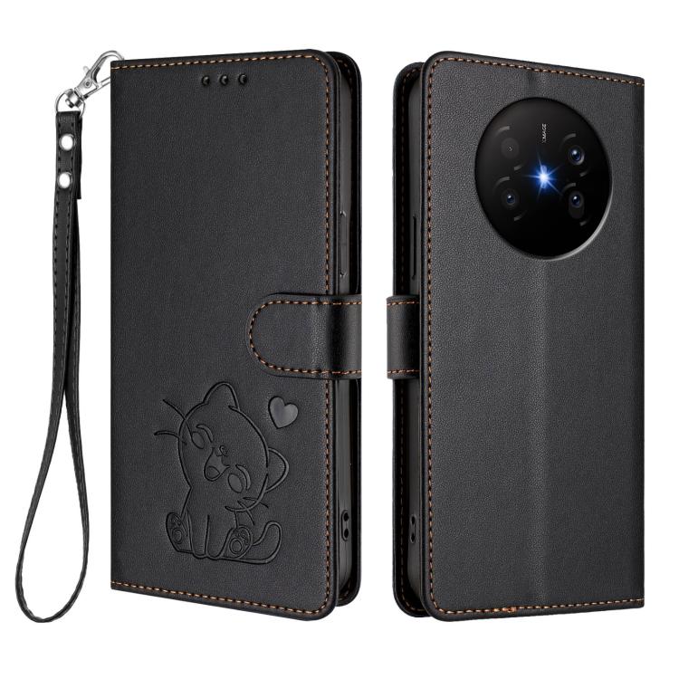 For Huawei Mate 70 Air 5G Embossed Heart Cat Leather Phone Case with Hand Strap