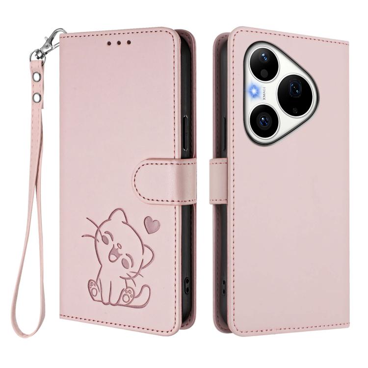 For Huawei Pura 90 Pro 5G Embossed Heart Cat Leather Phone Case with Hand Strap