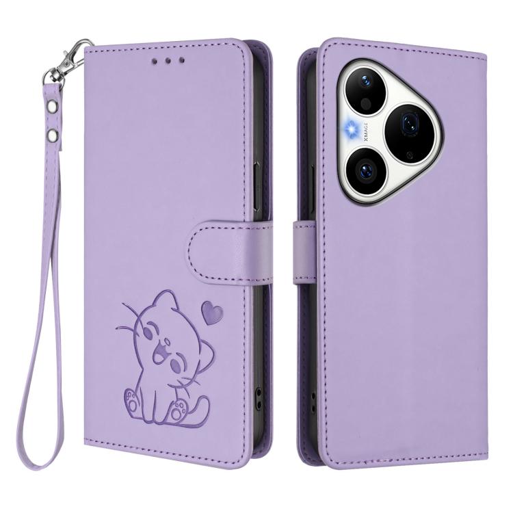 For Huawei Pura 90 Pro 5G Embossed Heart Cat Leather Phone Case with Hand Strap