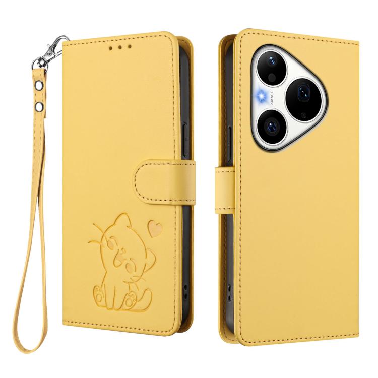 For Huawei Pura 90 Pro 5G Embossed Heart Cat Leather Phone Case with Hand Strap