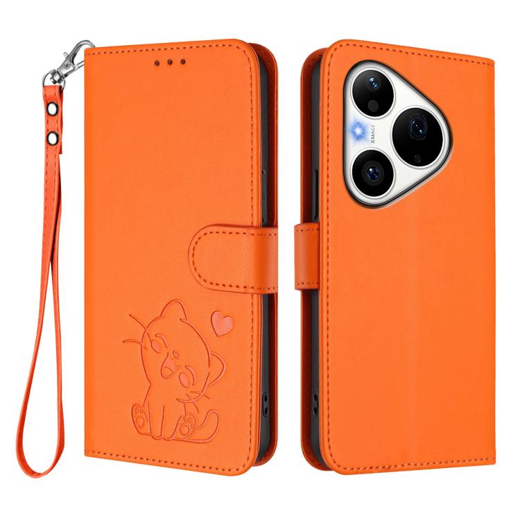 For Huawei Pura 90 Pro 5G Embossed Heart Cat Leather Phone Case with Hand Strap