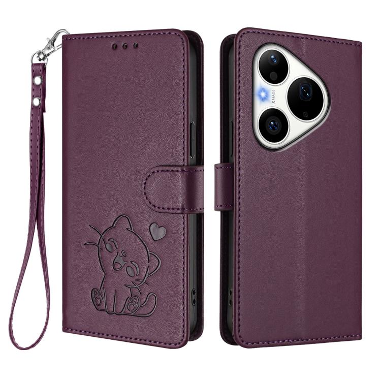 For Huawei Pura 90 Pro 5G Embossed Heart Cat Leather Phone Case with Hand Strap