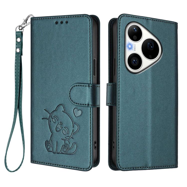 For Huawei Pura 90 Pro 5G Embossed Heart Cat Leather Phone Case with Hand Strap