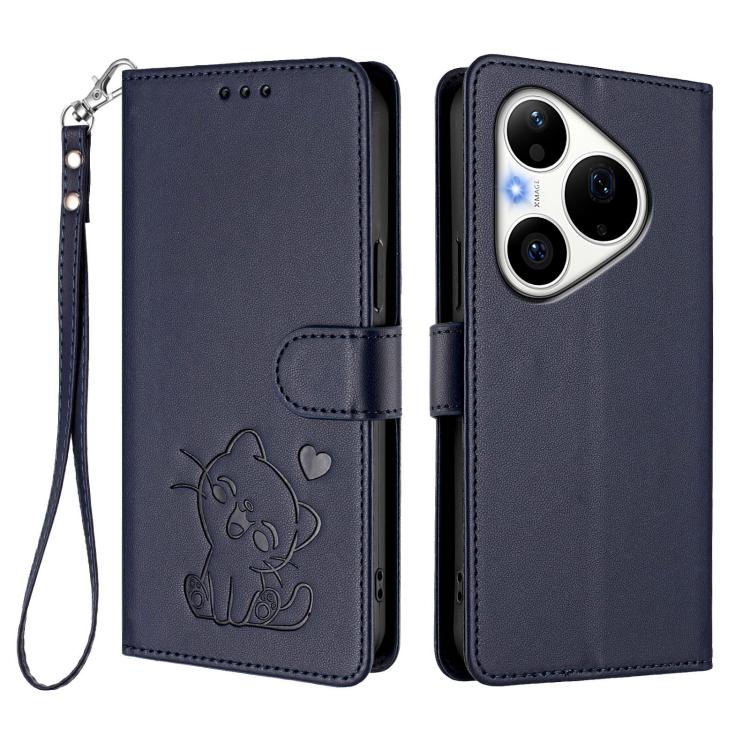 For Huawei Pura 90 Pro 5G Embossed Heart Cat Leather Phone Case with Hand Strap
