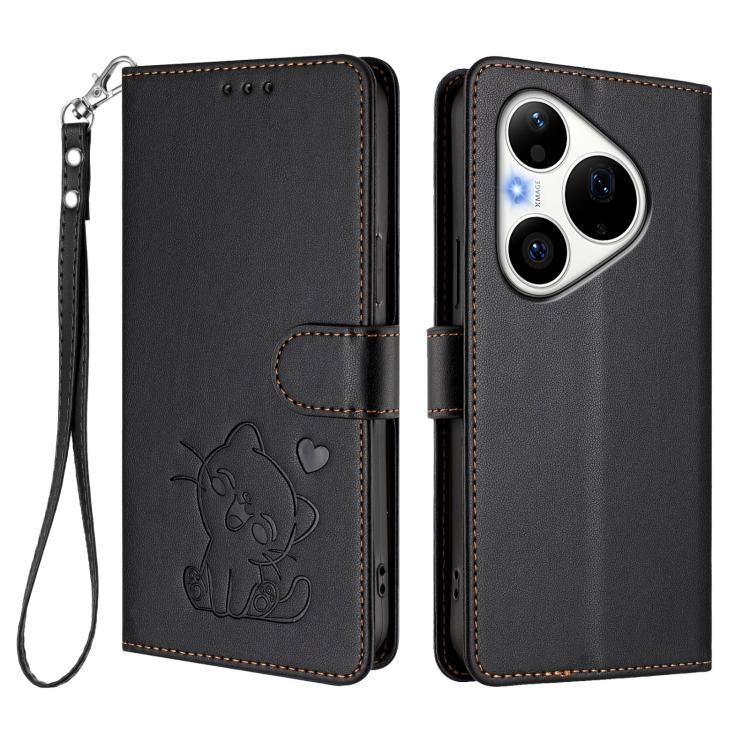 For Huawei Pura 90 Pro 5G Embossed Heart Cat Leather Phone Case with Hand Strap