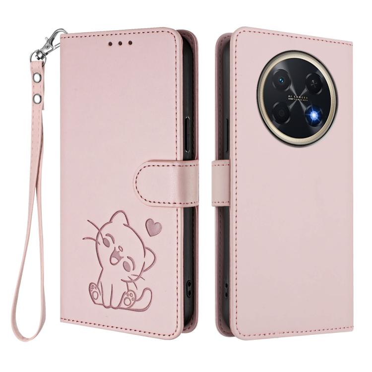 For Huawei Pura 90 Pro Max 5G Embossed Heart Cat Leather Phone Case with Hand Strap