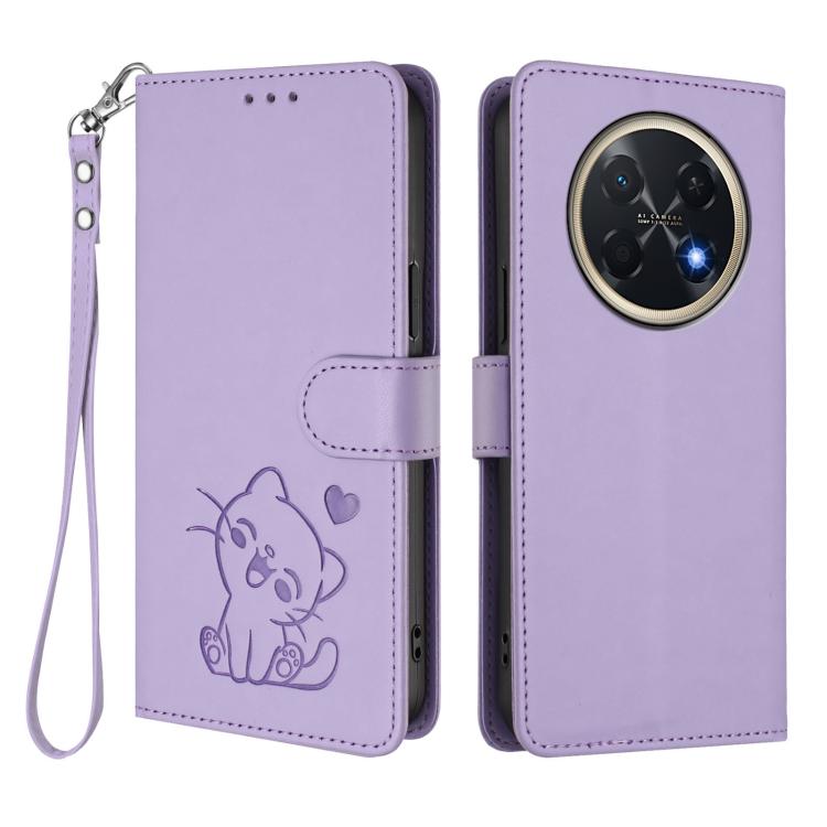 For Huawei Pura 90 Pro Max 5G Embossed Heart Cat Leather Phone Case with Hand Strap