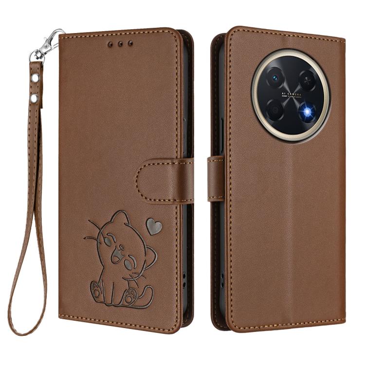 For Huawei Pura 90 Pro Max 5G Embossed Heart Cat Leather Phone Case with Hand Strap