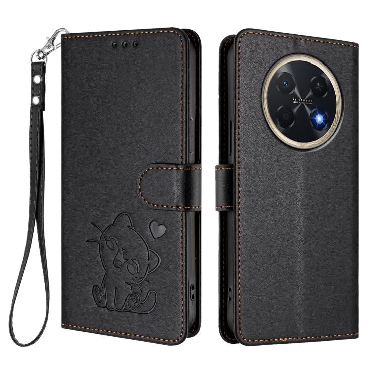 For Huawei Pura 90 Pro Max 5G Embossed Heart Cat Leather Phone Case with Hand Strap