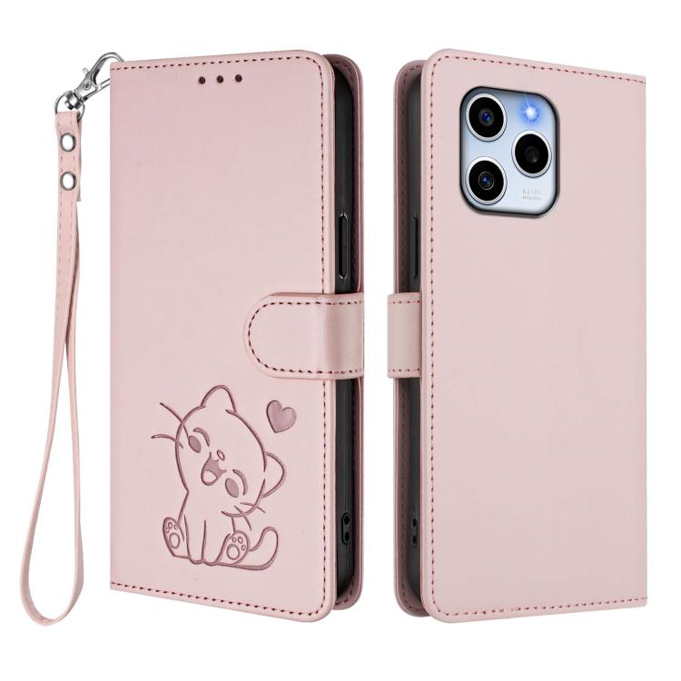 For Honor 60 SE Embossed Heart Cat Leather Phone Case with Hand Strap