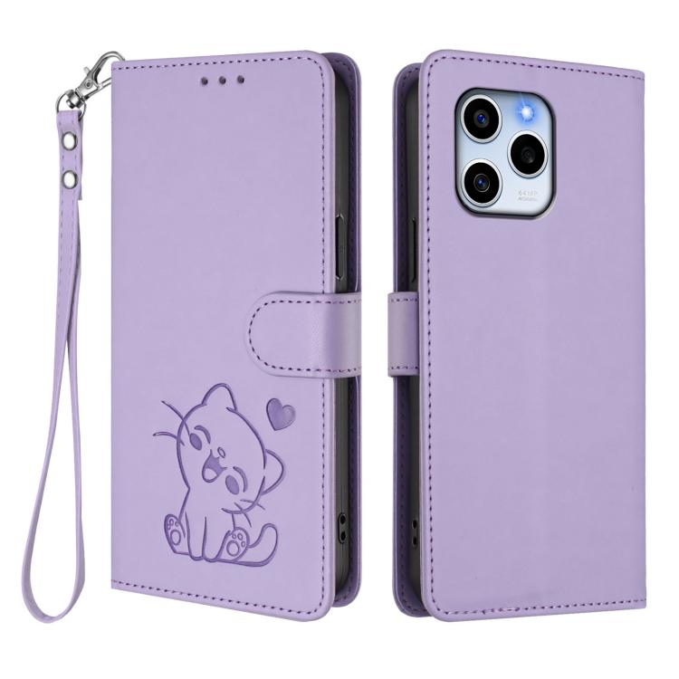 For Honor 60 SE Embossed Heart Cat Leather Phone Case with Hand Strap
