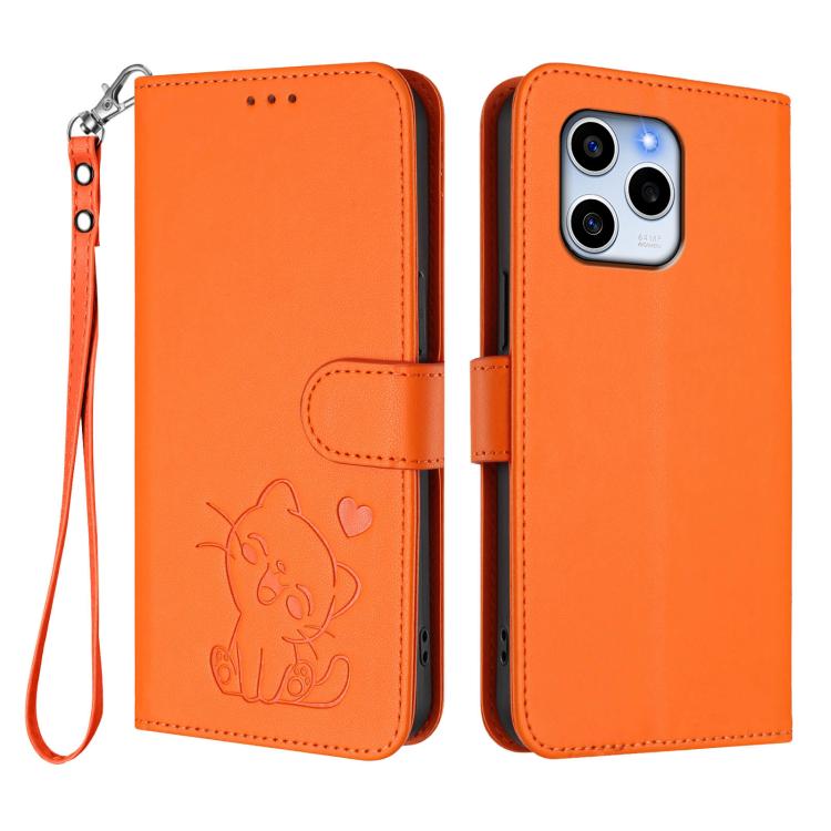 For Honor 60 SE Embossed Heart Cat Leather Phone Case with Hand Strap