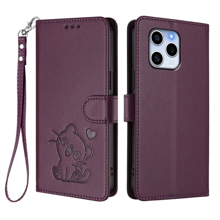 For Honor 60 SE Embossed Heart Cat Leather Phone Case with Hand Strap