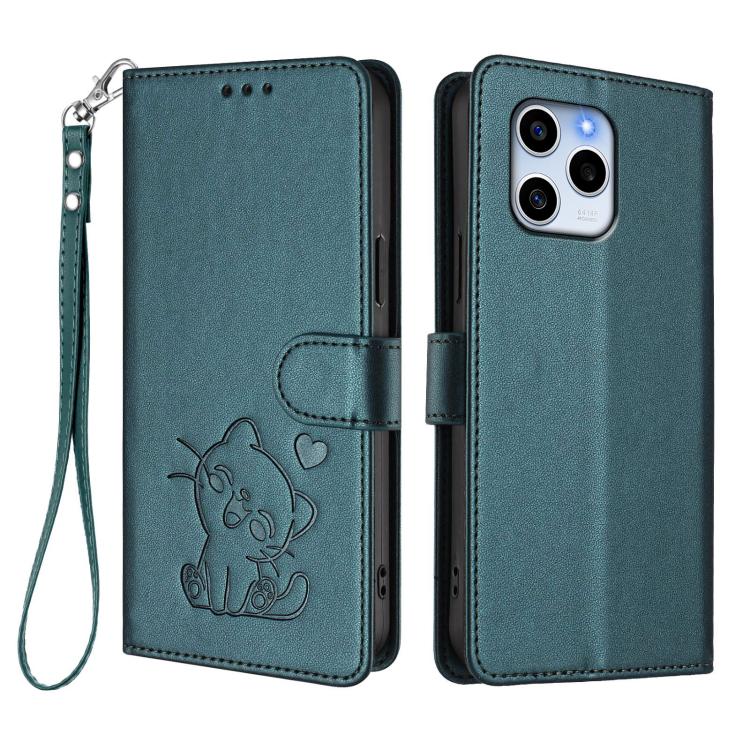For Honor 60 SE Embossed Heart Cat Leather Phone Case with Hand Strap