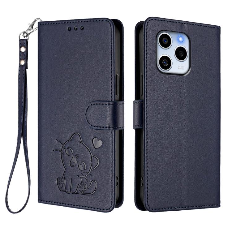 For Honor 60 SE Embossed Heart Cat Leather Phone Case with Hand Strap