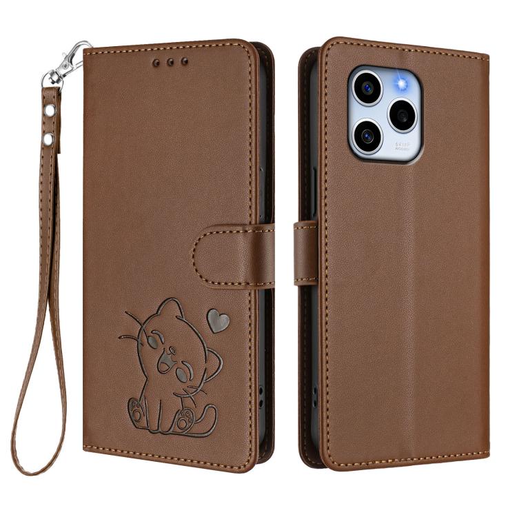 For Honor 60 SE Embossed Heart Cat Leather Phone Case with Hand Strap
