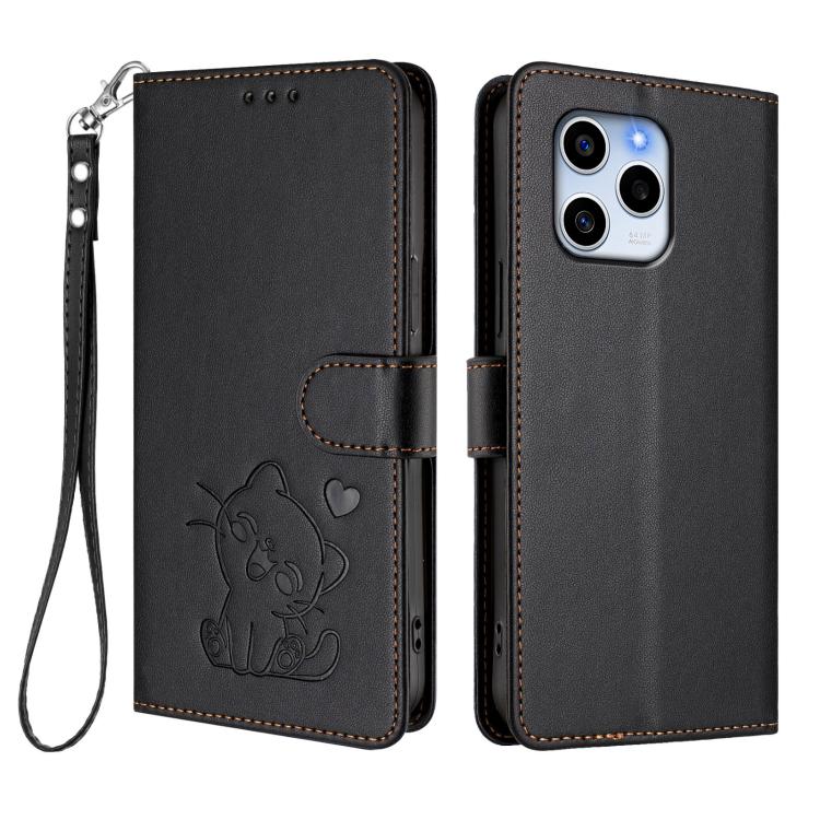 For Honor 60 SE Embossed Heart Cat Leather Phone Case with Hand Strap