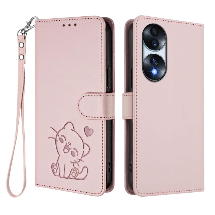 For Honor 70 Embossed Heart Cat Leather Phone Case with Hand Strap