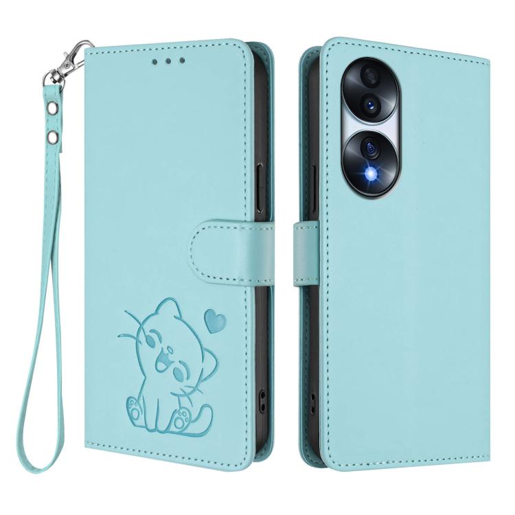 For Honor 70 Embossed Heart Cat Leather Phone Case with Hand Strap