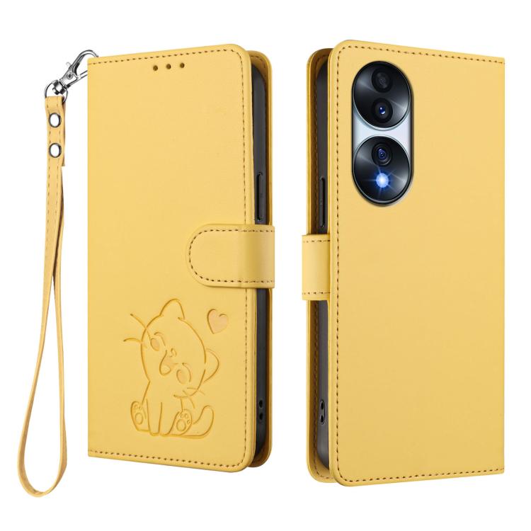 For Honor 70 Embossed Heart Cat Leather Phone Case with Hand Strap