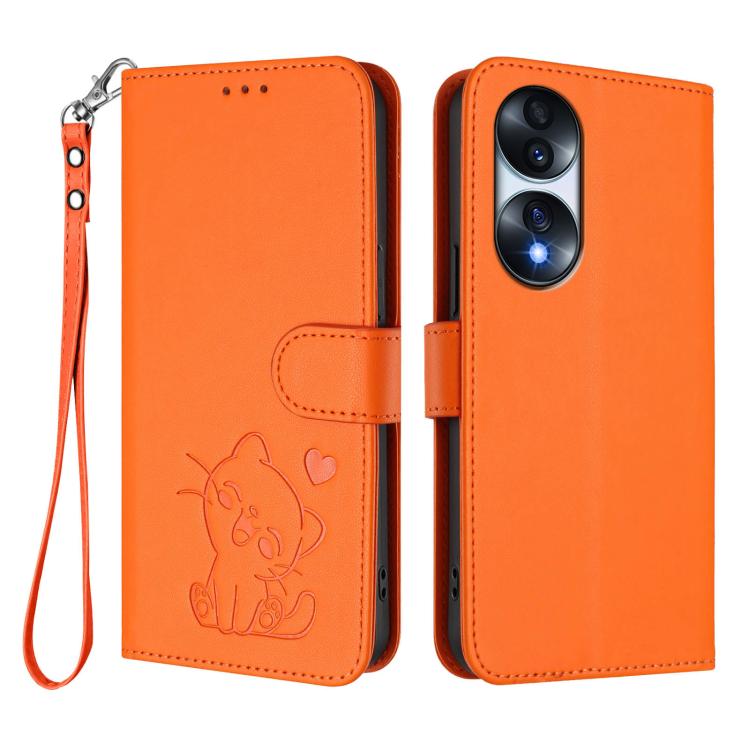 For Honor 70 Embossed Heart Cat Leather Phone Case with Hand Strap