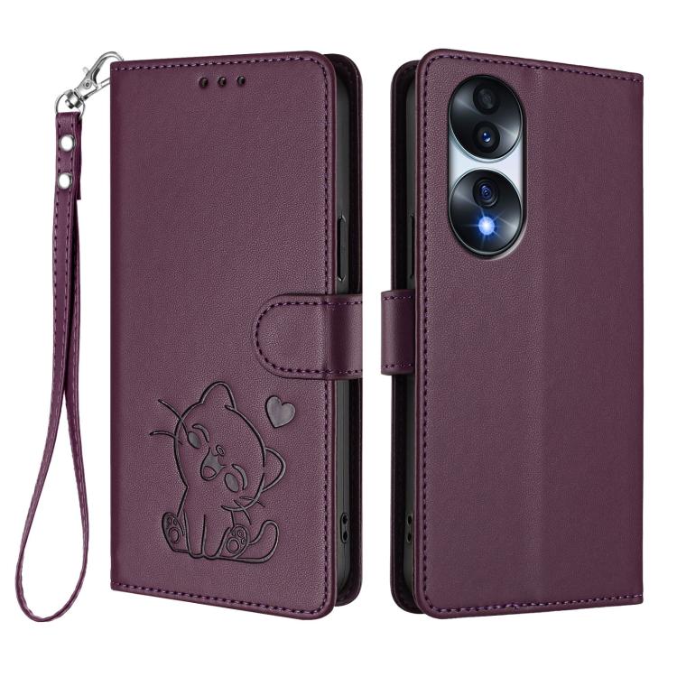 For Honor 70 Embossed Heart Cat Leather Phone Case with Hand Strap