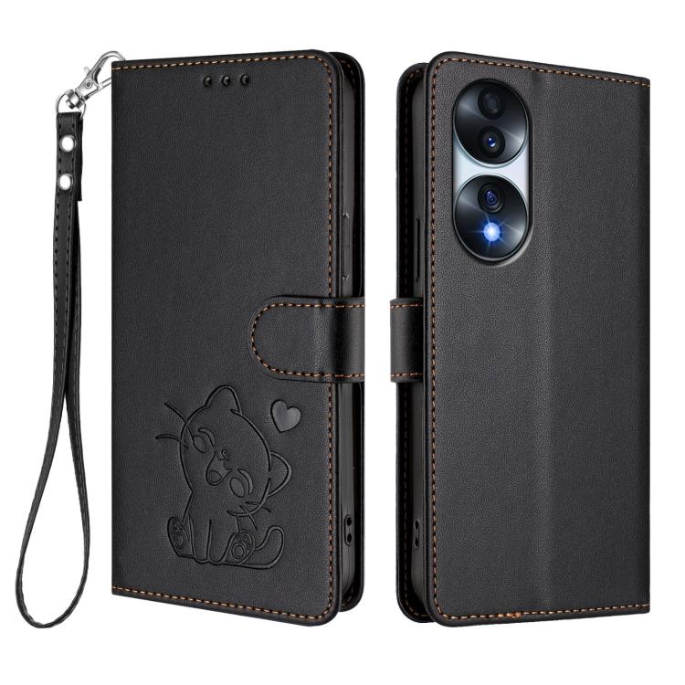 For Honor 70 Embossed Heart Cat Leather Phone Case with Hand Strap