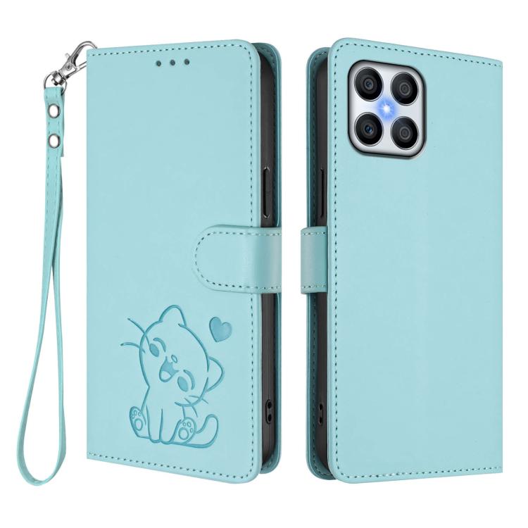 For Honor 70 Lite / X8 5G / X6 4G / X6s Embossed Heart Cat Leather Phone Case with Hand Strap