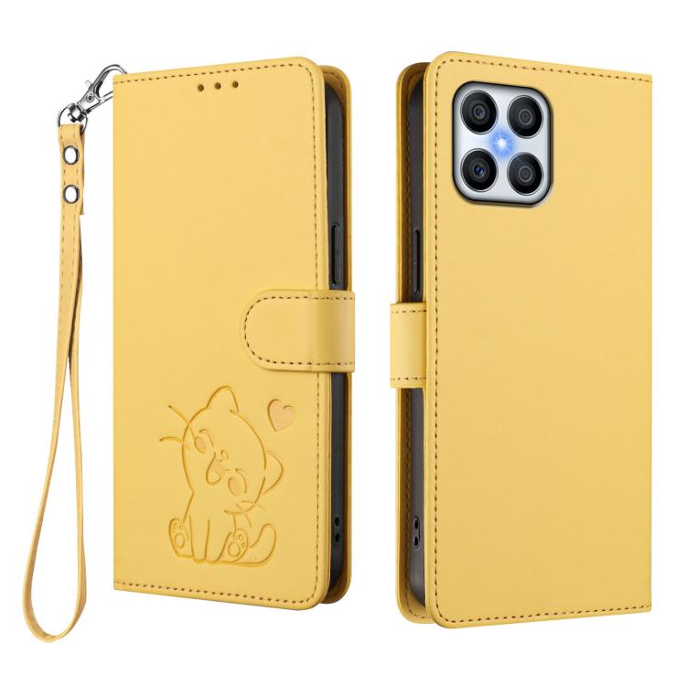 For Honor 70 Lite / X8 5G / X6 4G / X6s Embossed Heart Cat Leather Phone Case with Hand Strap