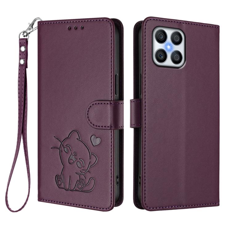 For Honor 70 Lite / X8 5G / X6 4G / X6s Embossed Heart Cat Leather Phone Case with Hand Strap