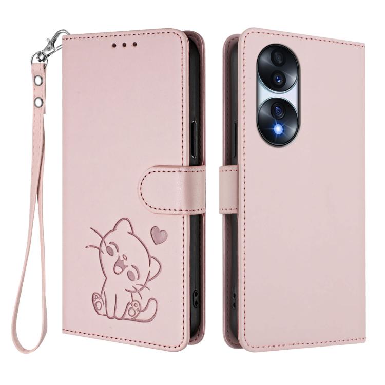 For Honor 70 Pro Embossed Heart Cat Leather Phone Case with Hand Strap