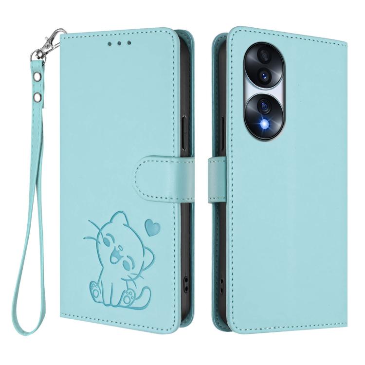 For Honor 70 Pro Embossed Heart Cat Leather Phone Case with Hand Strap