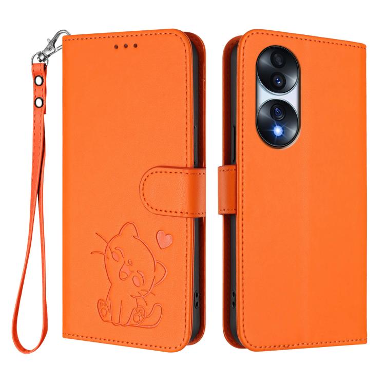 For Honor 70 Pro Embossed Heart Cat Leather Phone Case with Hand Strap