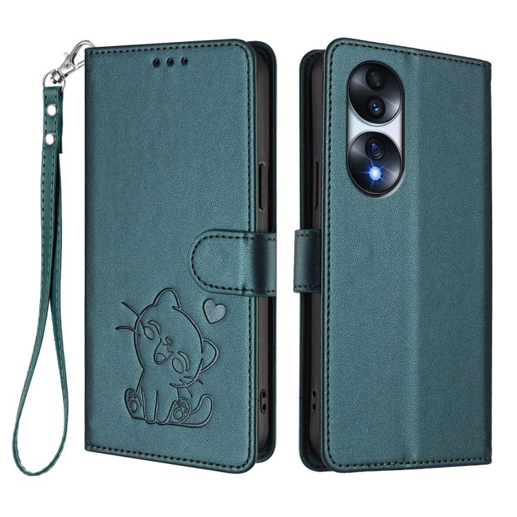 For Honor 70 Pro Embossed Heart Cat Leather Phone Case with Hand Strap