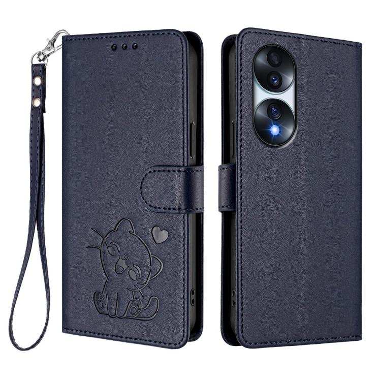 For Honor 70 Pro Embossed Heart Cat Leather Phone Case with Hand Strap