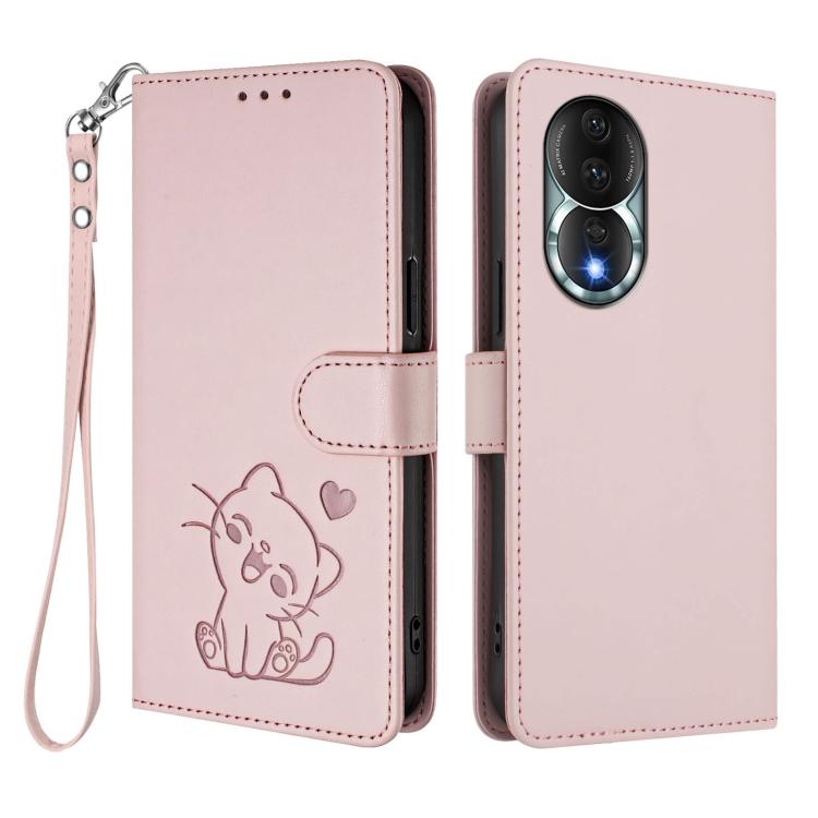 For Honor 80 Embossed Heart Cat Leather Phone Case with Hand Strap