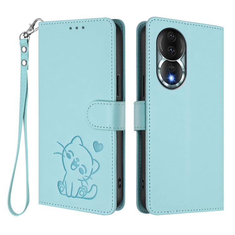For Honor 80 Embossed Heart Cat Leather Phone Case with Hand Strap
