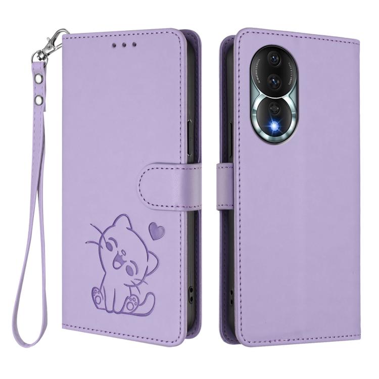 For Honor 80 Embossed Heart Cat Leather Phone Case with Hand Strap