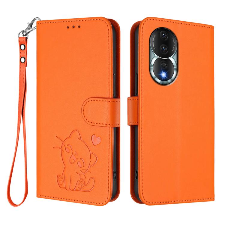 For Honor 80 Embossed Heart Cat Leather Phone Case with Hand Strap