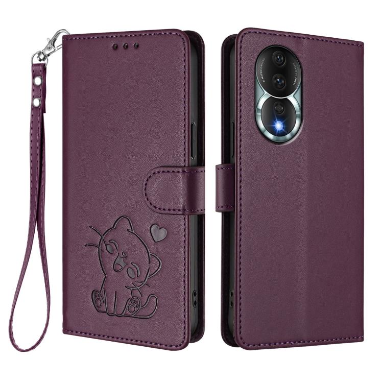 For Honor 80 Embossed Heart Cat Leather Phone Case with Hand Strap