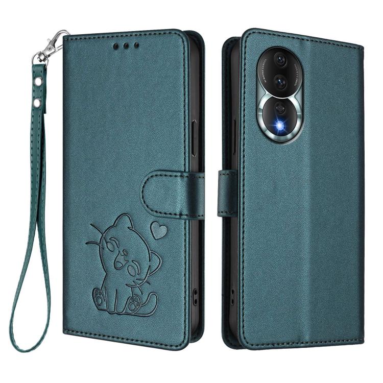 For Honor 80 Embossed Heart Cat Leather Phone Case with Hand Strap
