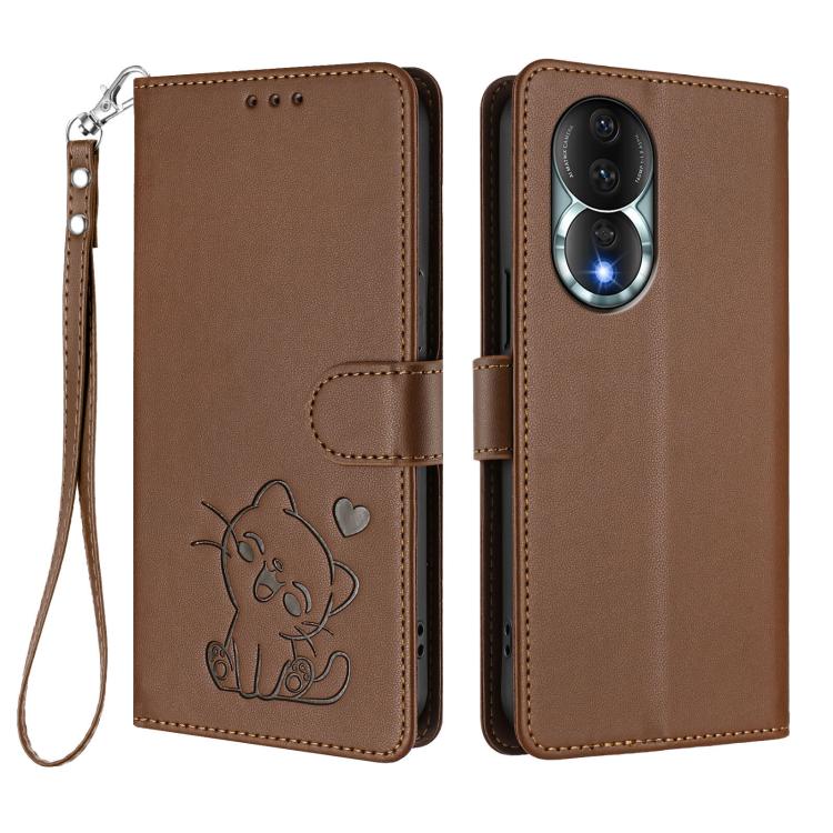 For Honor 80 Embossed Heart Cat Leather Phone Case with Hand Strap