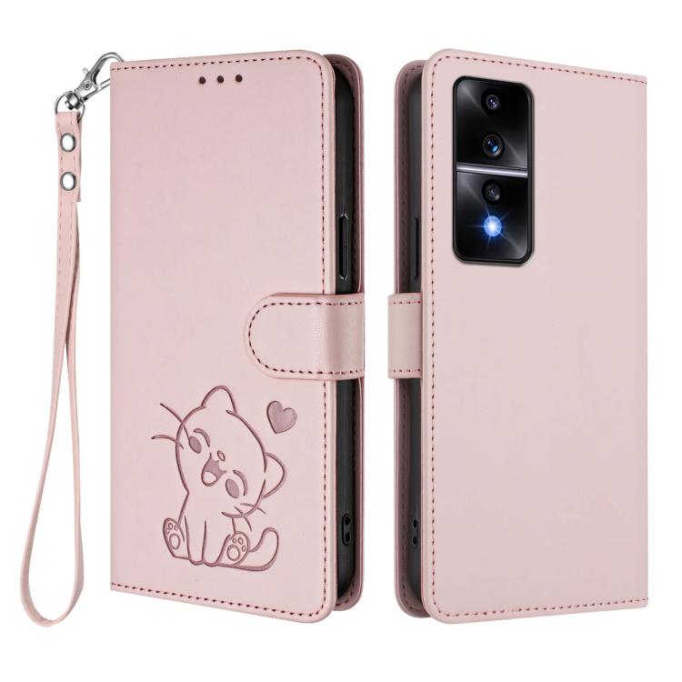 For Honor 80 GT Embossed Heart Cat Leather Phone Case with Hand Strap