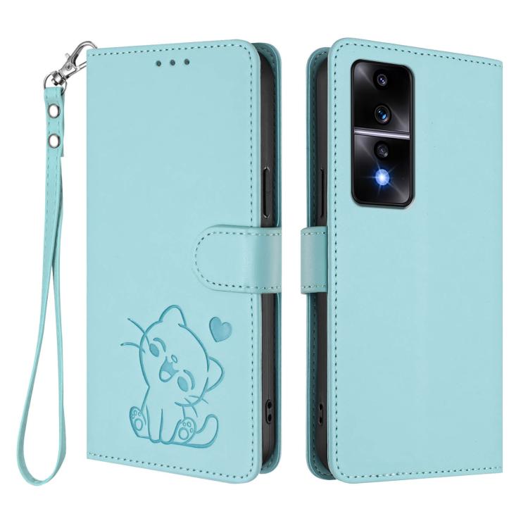 For Honor 80 GT Embossed Heart Cat Leather Phone Case with Hand Strap