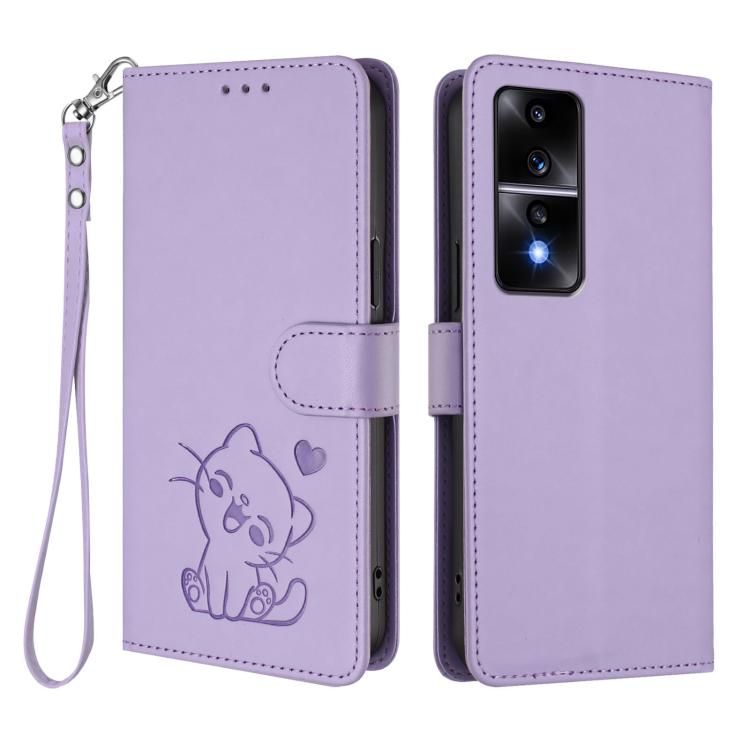 For Honor 80 GT Embossed Heart Cat Leather Phone Case with Hand Strap